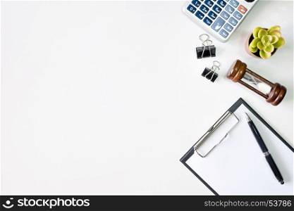 Top view business office desk with copy space hero head image on white background.