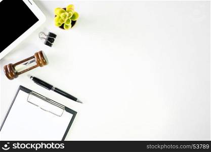 Top view business office desk with copy space hero head image on white background.
