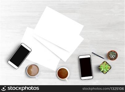 Top view business office smart phone coffee work spec,work for home concept