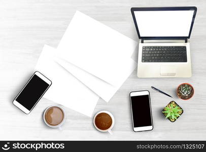 Top view business office smart phone coffee work spec,work for home concept