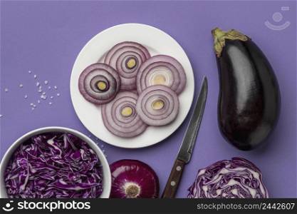 top view cabbage bowl with onion plate eggplant