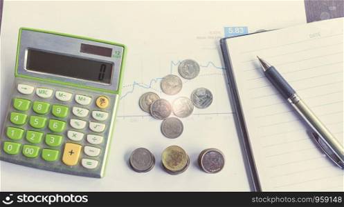 Top view calculator,coin stack,pen,note book on wood table,business concept,saving money