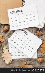 top view calendar with autumn acorns leaves