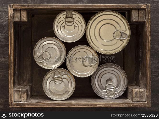 top view cans wooden crate