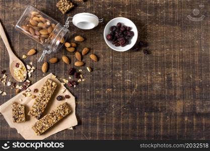top view cereal bars with copy space almonds