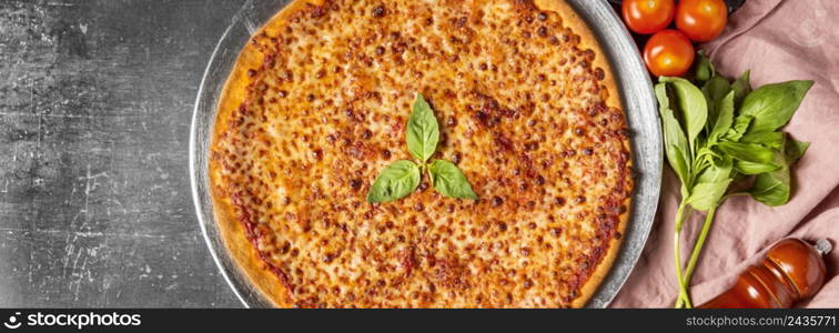 top view cheese pizza with basil