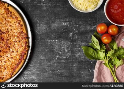 top view cheese pizza with ingredients copy space