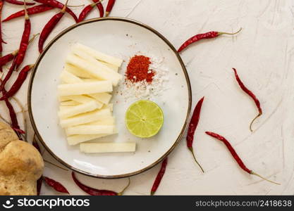 top view cheese with red hot chilli peppers