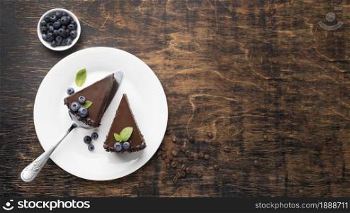 top view chocolate cake slices plate with copy space. Resolution and high quality beautiful photo. top view chocolate cake slices plate with copy space. High quality and resolution beautiful photo concept