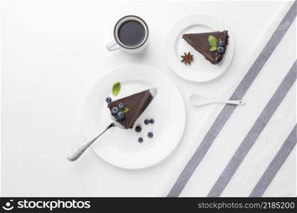 top view chocolate cake slices plates