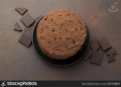 top view chocolate cake with cocoa powder