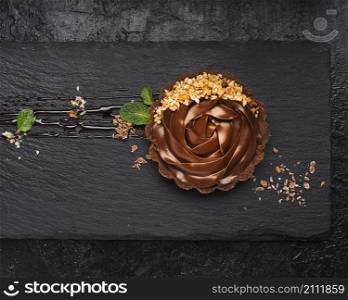 top view chocolate tart slate