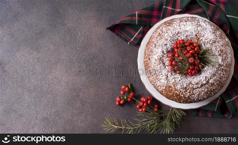 top view christmas cake with copy space red berries. Resolution and high quality beautiful photo. top view christmas cake with copy space red berries. High quality and resolution beautiful photo concept