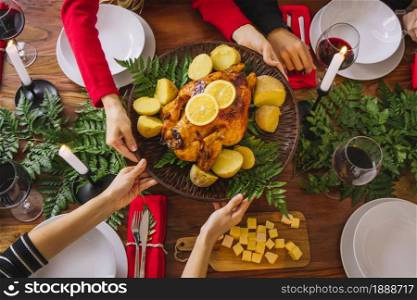 top view christmas dinner with turkey. Resolution and high quality beautiful photo. top view christmas dinner with turkey. High quality and resolution beautiful photo concept