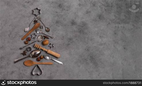 top view christmas tree shape make kitchen utensils with copy space. Resolution and high quality beautiful photo. top view christmas tree shape make kitchen utensils with copy space. High quality and resolution beautiful photo concept