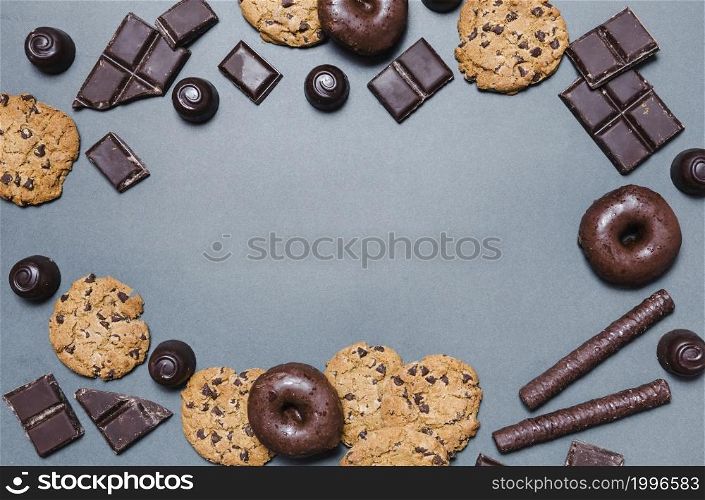 top view circular frame with chocolate candies