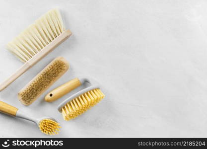 top view cleaning brushes with copy space