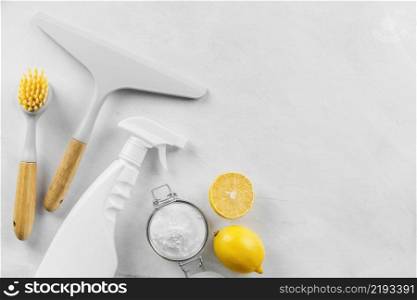 top view cleaning products with baking soda lemon