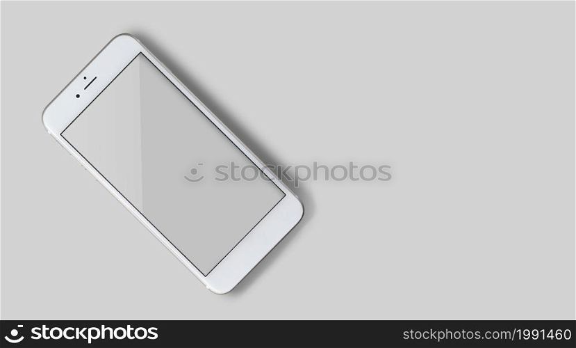 Top view close-up of modern smartphone with empty mockup on screen. Isolated on background of grey color.