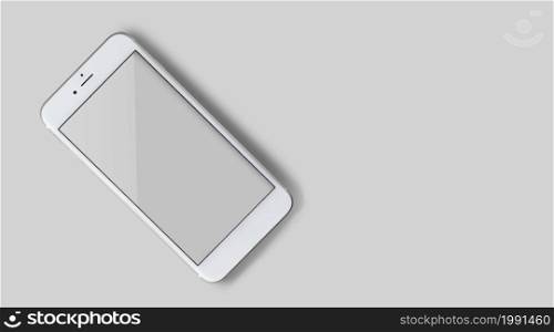Top view close-up of modern smartphone with empty mockup on screen. Isolated on background of grey color.