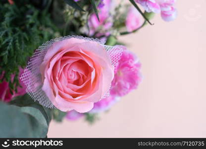 top view close up pink rose bouquet with pink background