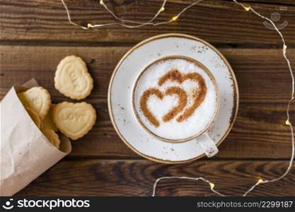 top view coffee cup heart shaped cookies
