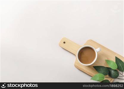 top view coffee cup wooden chopping board with copy space. Resolution and high quality beautiful photo. top view coffee cup wooden chopping board with copy space. High quality beautiful photo concept