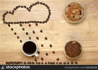 Top view coffee,muffins and applications from coffee beans