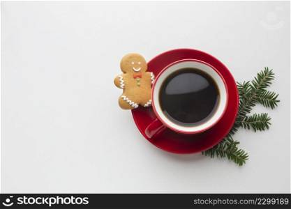 top view coffee with gingerbread man