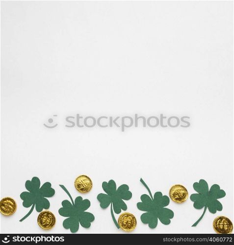 top view coins clovers frame