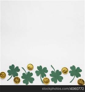 top view coins clovers frame