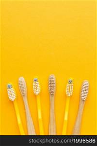 top view collection organic toothbrushes with copy space