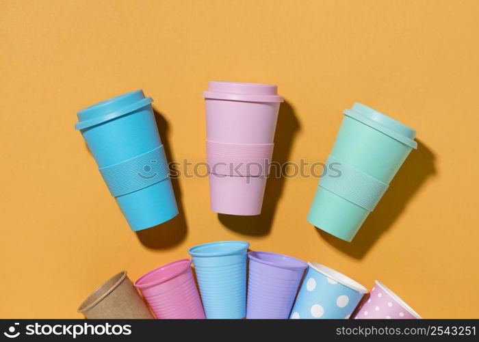 top view collection plastic cups table 8