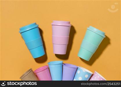 top view collection plastic cups table 8