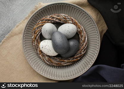 top view colored easter eggs basket plate