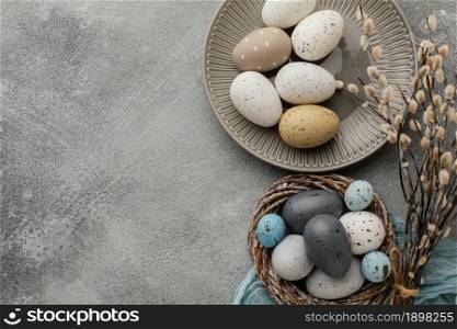 top view colored easter eggs basket plate with copy space. Resolution and high quality beautiful photo. top view colored easter eggs basket plate with copy space. High quality beautiful photo concept