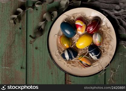 top view colorful easter eggs plate