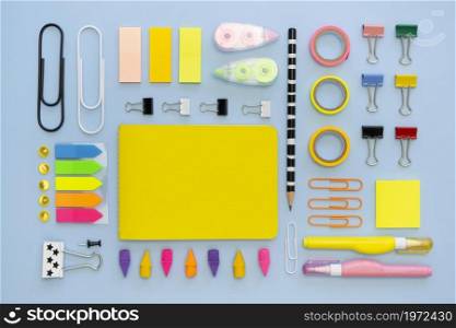 top view colorful office stationery with paper clips erasers. High resolution photo. top view colorful office stationery with paper clips erasers. High quality photo