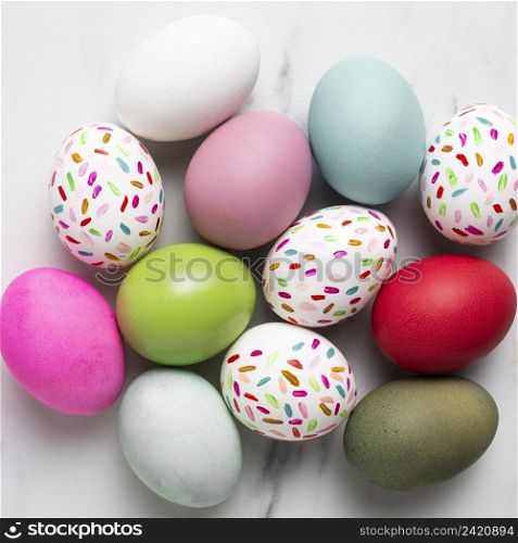 top view colorful painted easter eggs