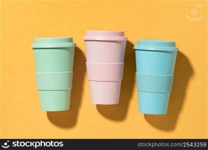 top view colorful reusable cups