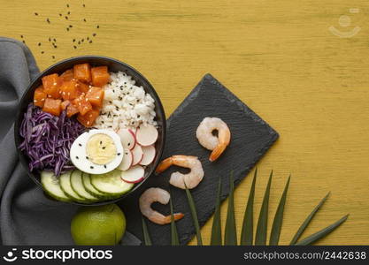 top view composition delicious poke bowl