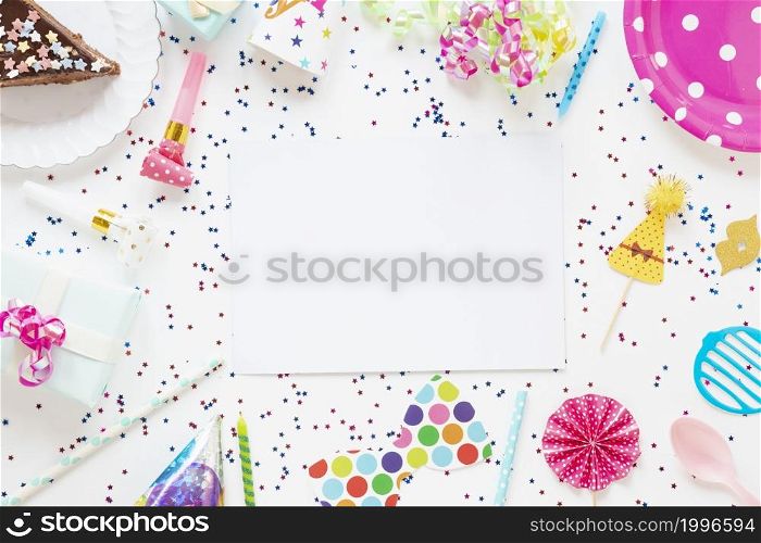top view composition festive birthday items with empty card