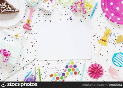 top view composition festive birthday items with empty card