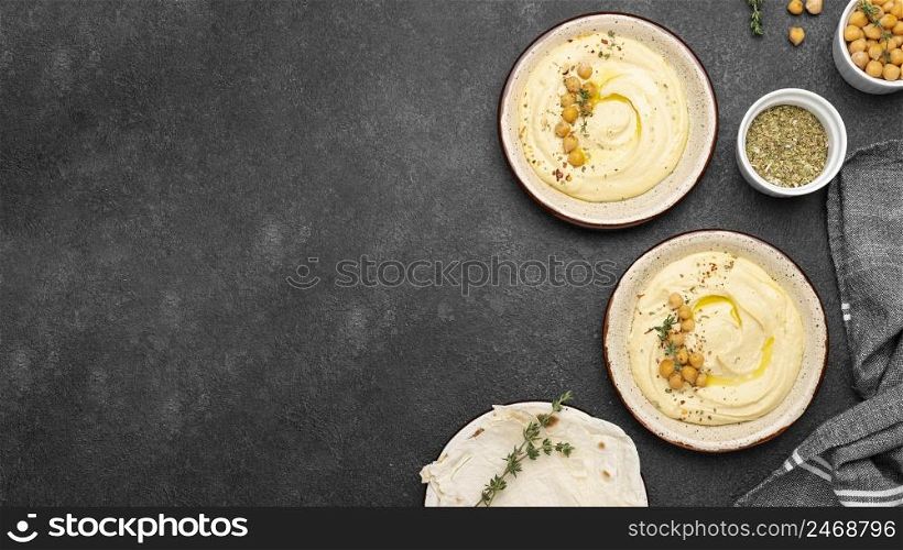 top view composition with delicious local food dish with copy space