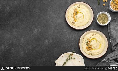 top view composition with delicious local food dish with copy space