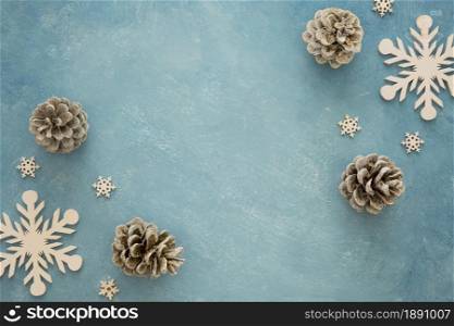 top view conifer pine cones and snowflakes. Resolution and high quality beautiful photo. top view conifer pine cones and snowflakes. High quality and resolution beautiful photo concept