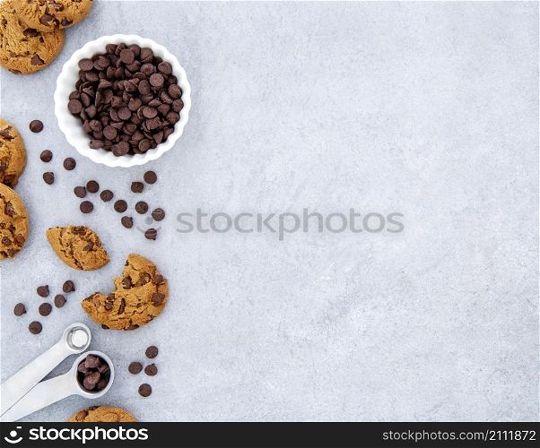 top view cookies chocolate chips copy space