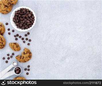 top view cookies chocolate chips copy space