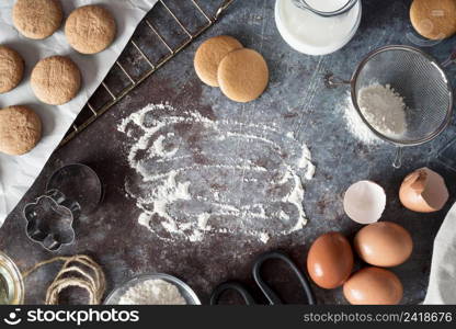 top view cookies with flour eggs
