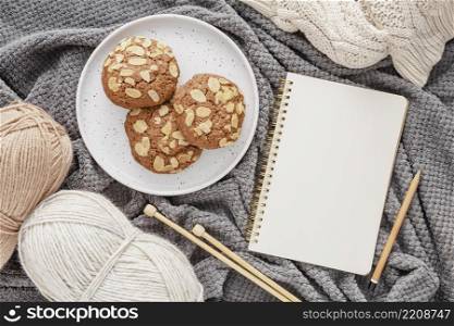 top view cookies yarn agenda blanket